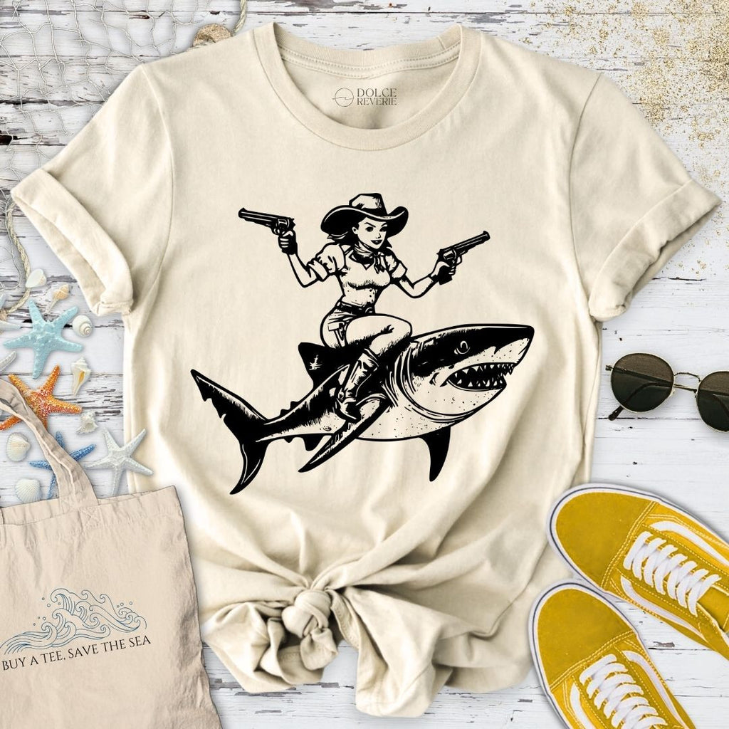 Cowgirl Shark Rider T-Shirt - Ocean Graphic Tee - Gift for Ocean Lovers - Unisex