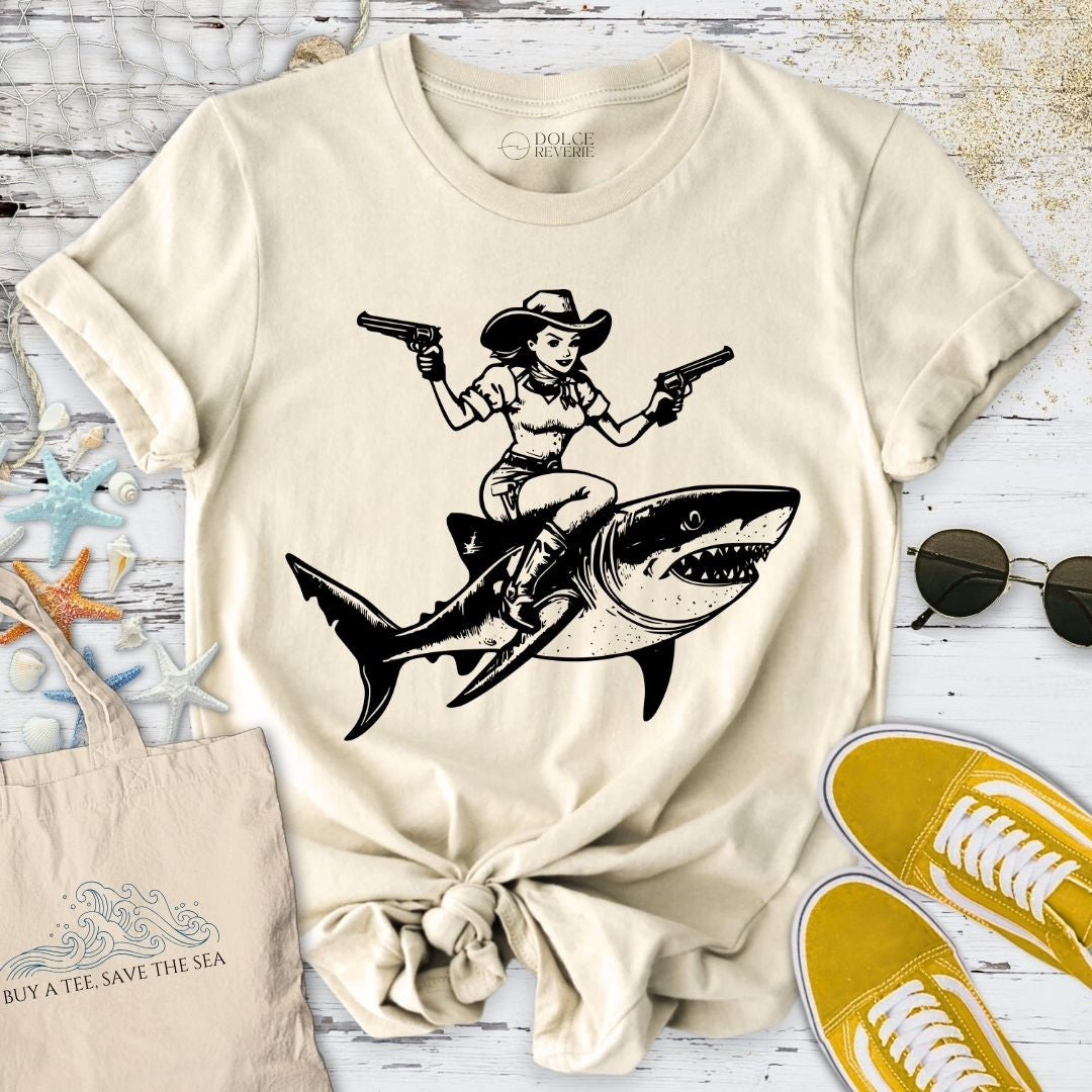 Cowgirl Shark Rider T-Shirt - Ocean Graphic Tee - Gift for Ocean Lovers - Unisex