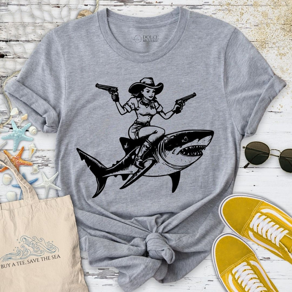 Cowgirl Shark Rider T-Shirt - Ocean Graphic Tee - Gift for Ocean Lovers - Unisex