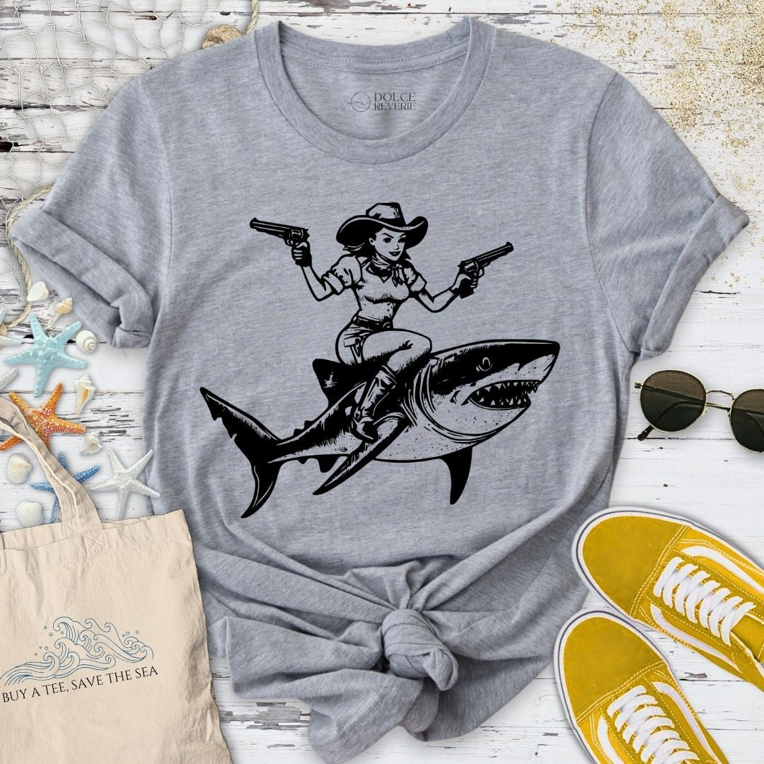 Cowgirl Shark Rider T-Shirt - Ocean Graphic Tee - Gift for Ocean Lovers - Unisex