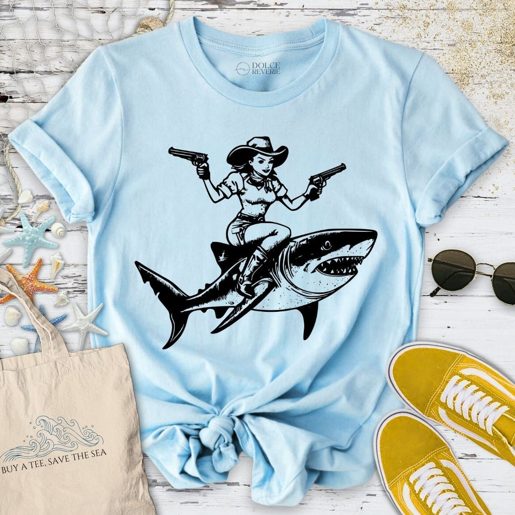 Cowgirl Shark Rider T-Shirt - Ocean Graphic Tee - Gift for Ocean Lovers - Unisex