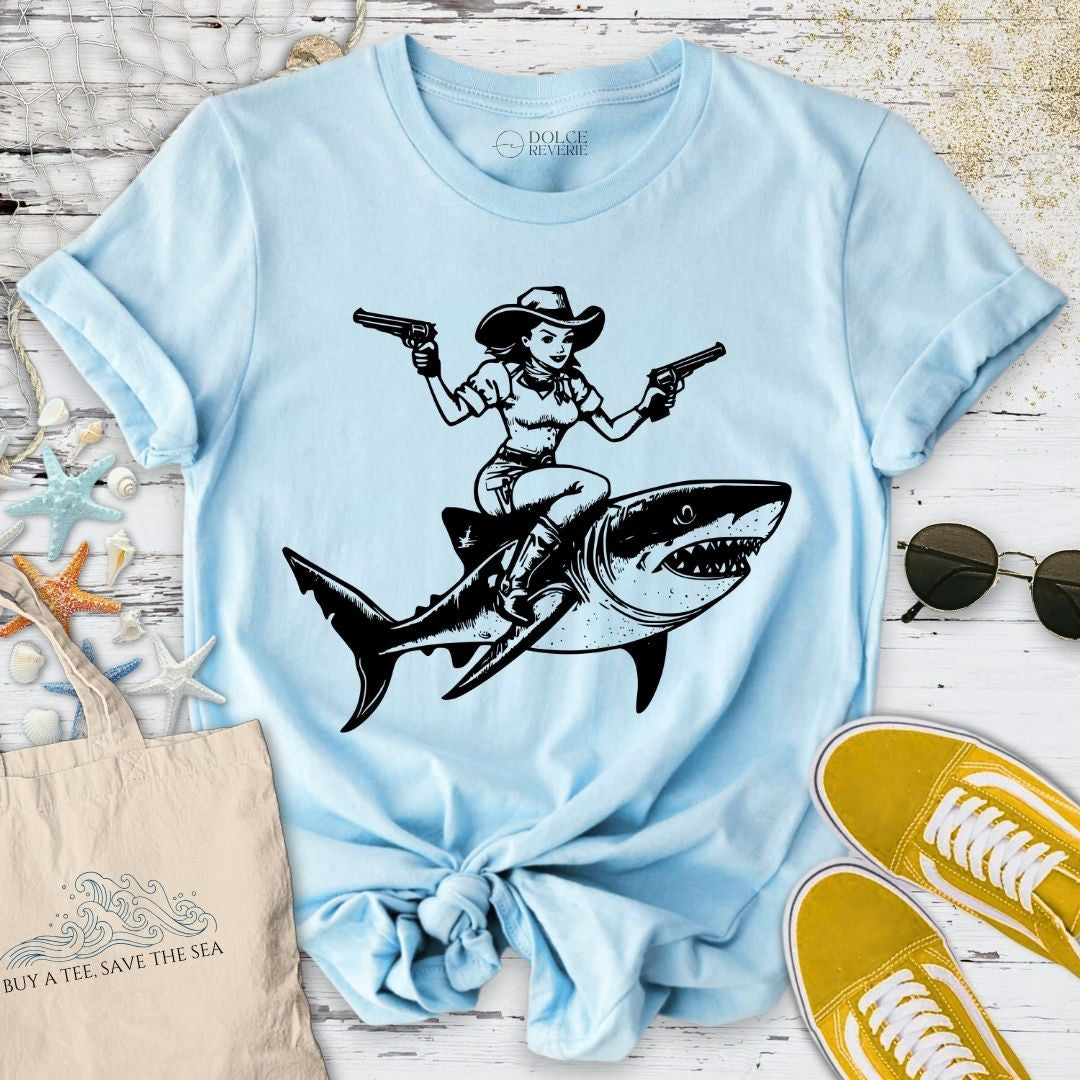 Cowgirl Shark Rider T-Shirt - Ocean Graphic Tee - Gift for Ocean Lovers - Unisex