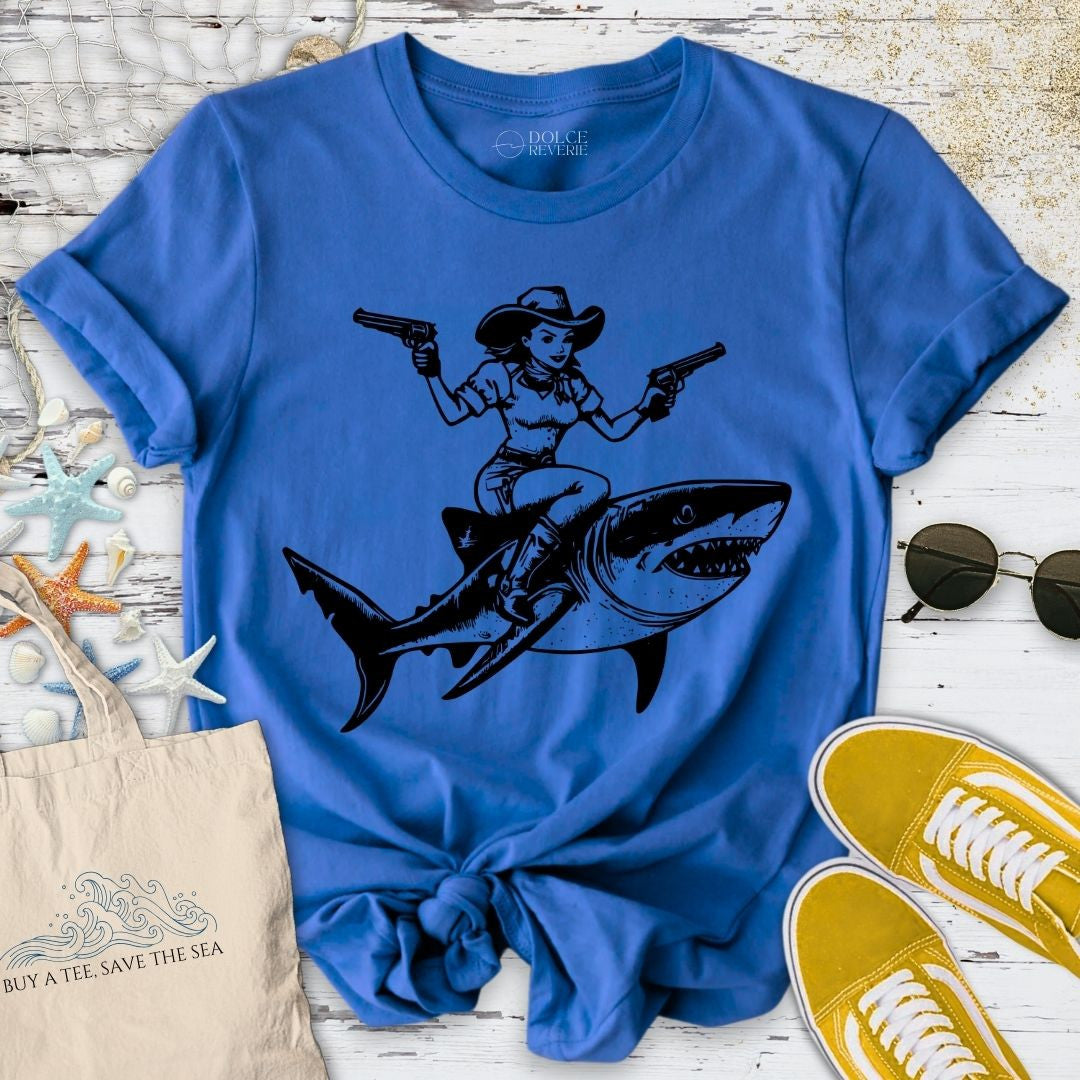 Cowgirl Shark Rider T-Shirt - Ocean Graphic Tee - Gift for Ocean Lovers - Unisex