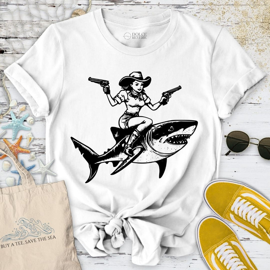 Cowgirl Shark Rider T-Shirt - Ocean Graphic Tee - Gift for Ocean Lovers - Unisex