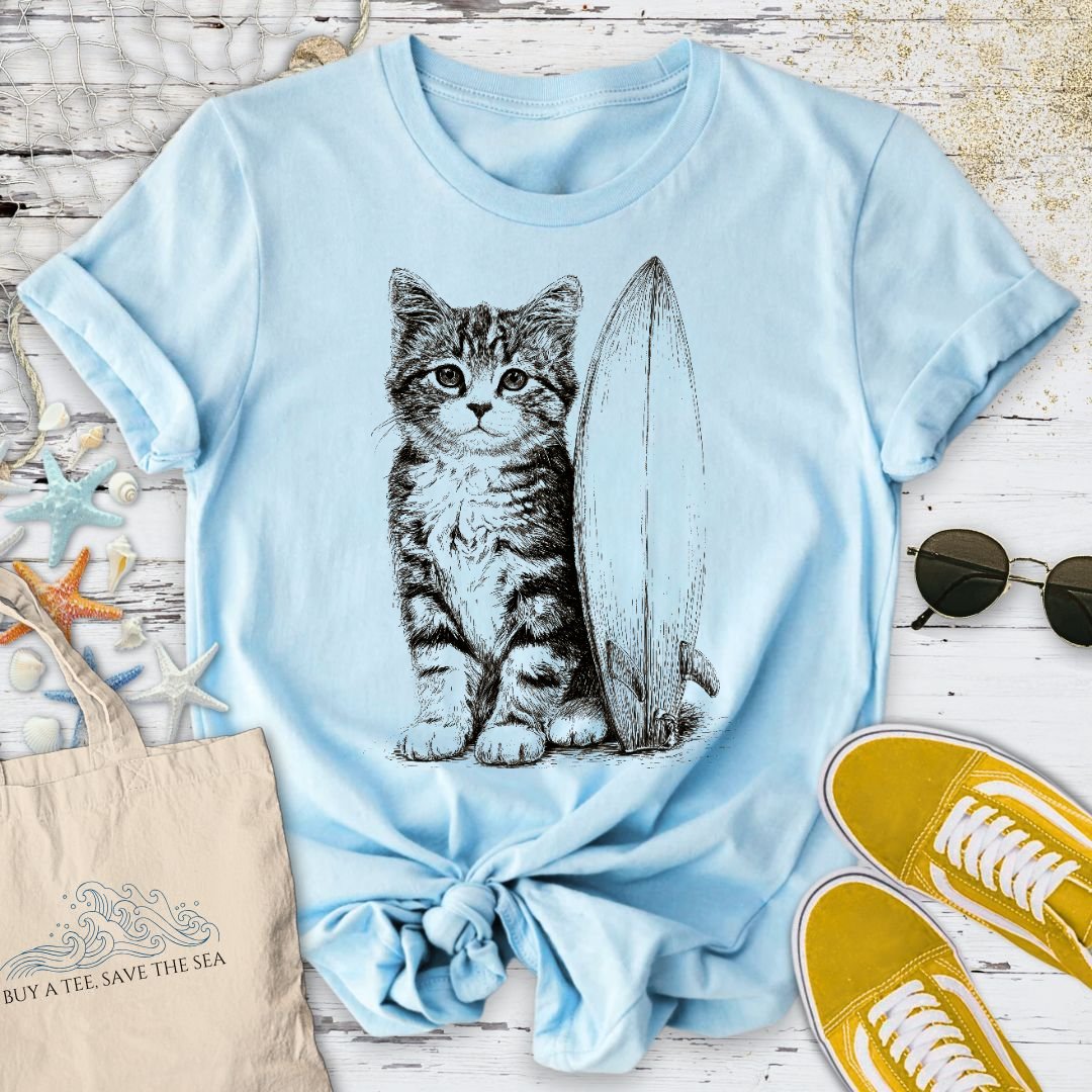 Surfer Cat T-Shirt - Ocean Graphic Tee - Gift for Ocean Lovers - Unisex