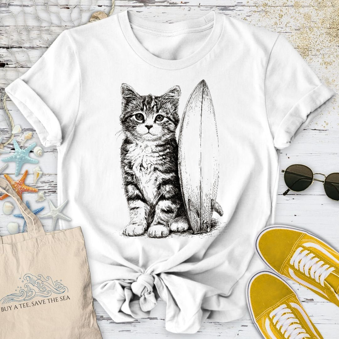 Surfer Cat T-Shirt - Ocean Graphic Tee - Gift for Ocean Lovers - Unisex