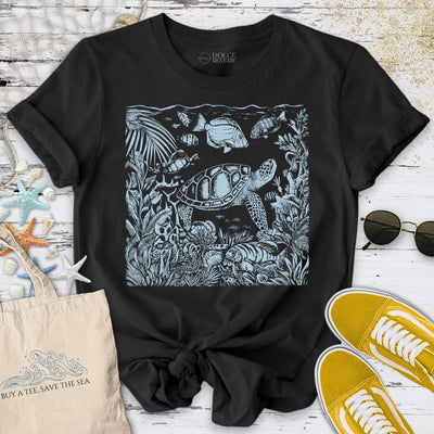 Tropical Turtle Engraving T-Shirt - Ocean Graphic Tee - Gift for Ocean Lovers - Unisex