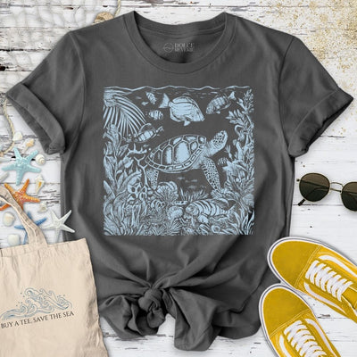 Tropical Turtle Engraving T-Shirt - Ocean Graphic Tee - Gift for Ocean Lovers - Unisex