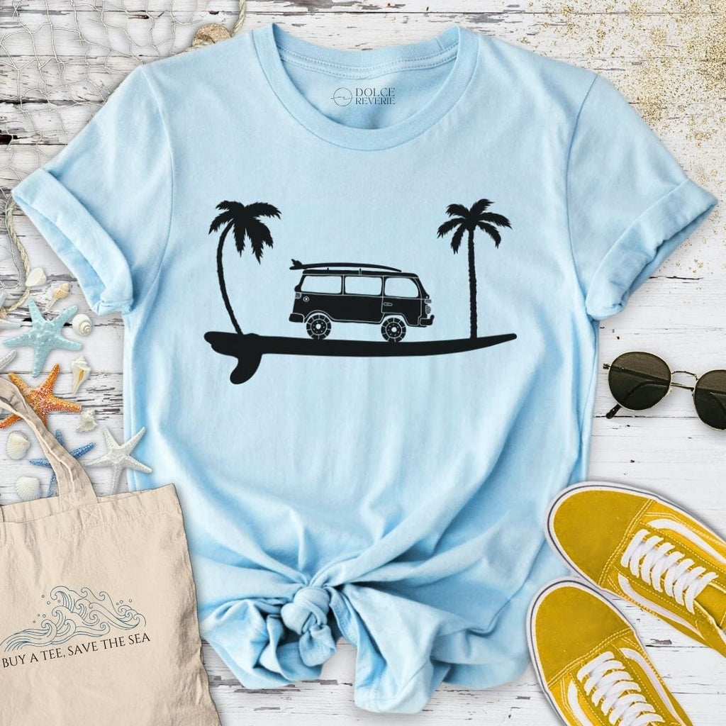 Surfboard & Van T-Shirt - Ocean Graphic Tee - Gift for Ocean Lovers - Unisex