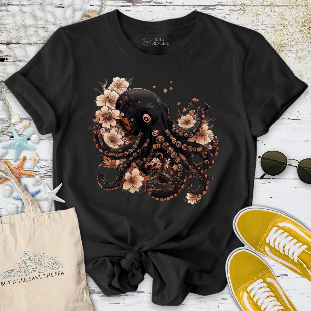 Japanese Black Octopus T-Shirt - Ocean Graphic Tee - Gift for Ocean Lovers - Unisex