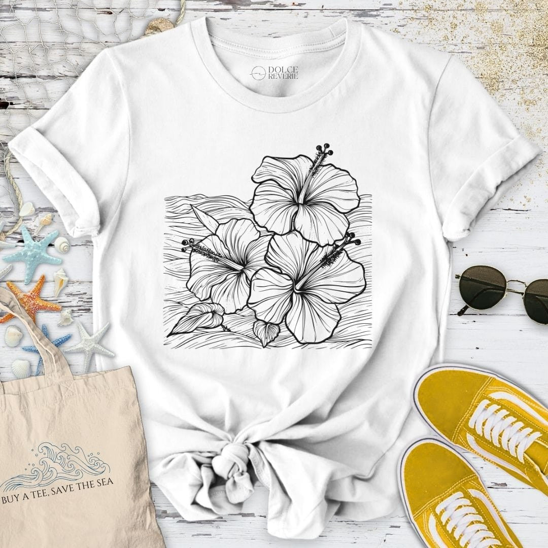 Hibiscus & Waves T-Shirt - Ocean Graphic Tee - Gift for Ocean Lovers - Unisex