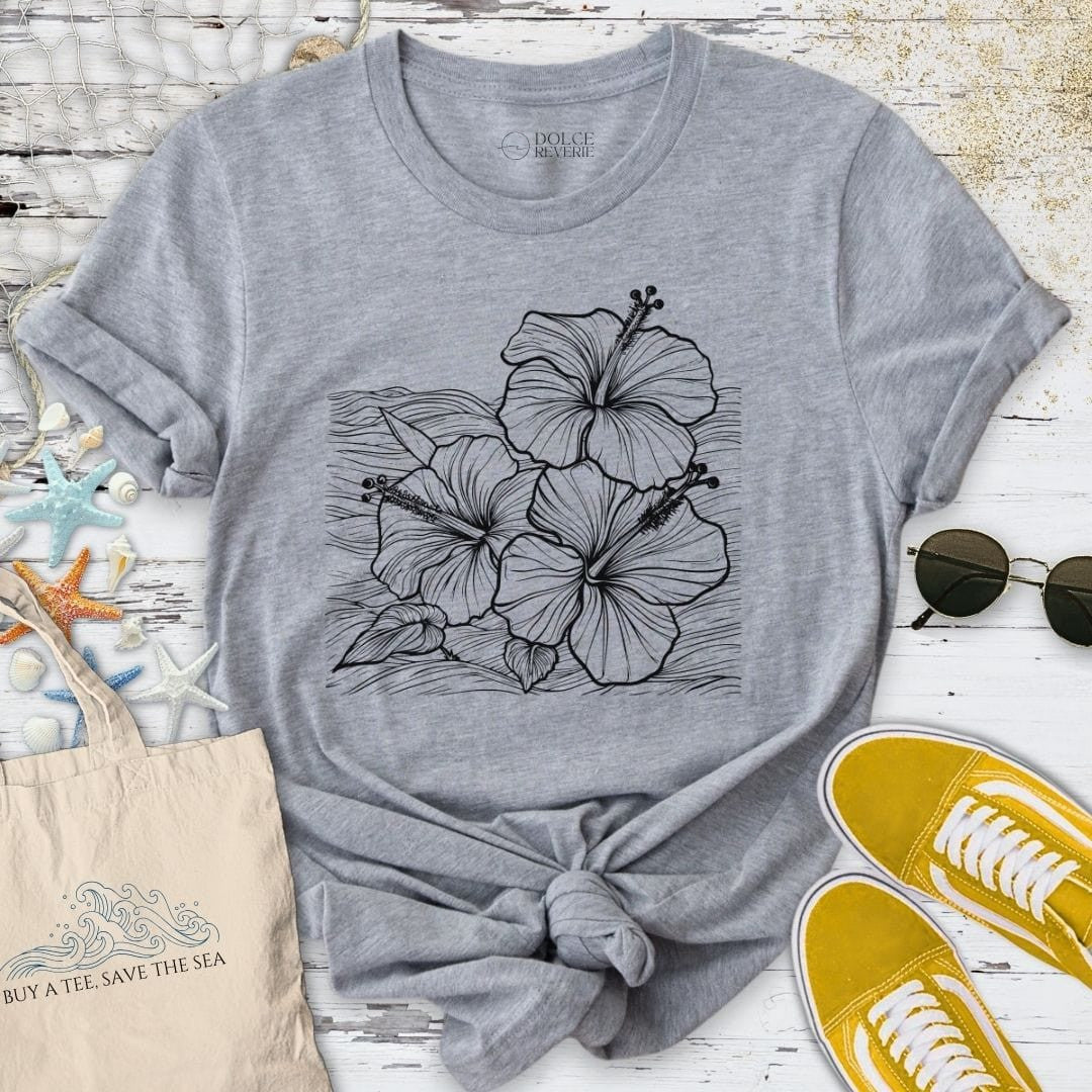 Hibiscus & Waves T-Shirt - Ocean Graphic Tee - Gift for Ocean Lovers - Unisex