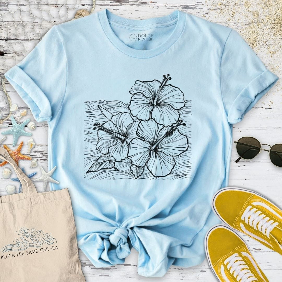 Hibiscus & Waves T-Shirt - Ocean Graphic Tee - Gift for Ocean Lovers - Unisex