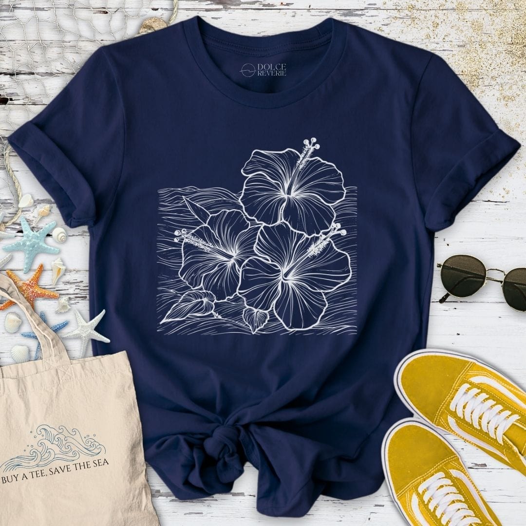 Hibiscus & Waves T-Shirt - Ocean Graphic Tee - Gift for Ocean Lovers - Unisex