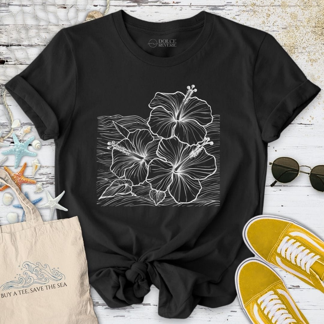 Hibiscus & Waves T-Shirt - Ocean Graphic Tee - Gift for Ocean Lovers - Unisex