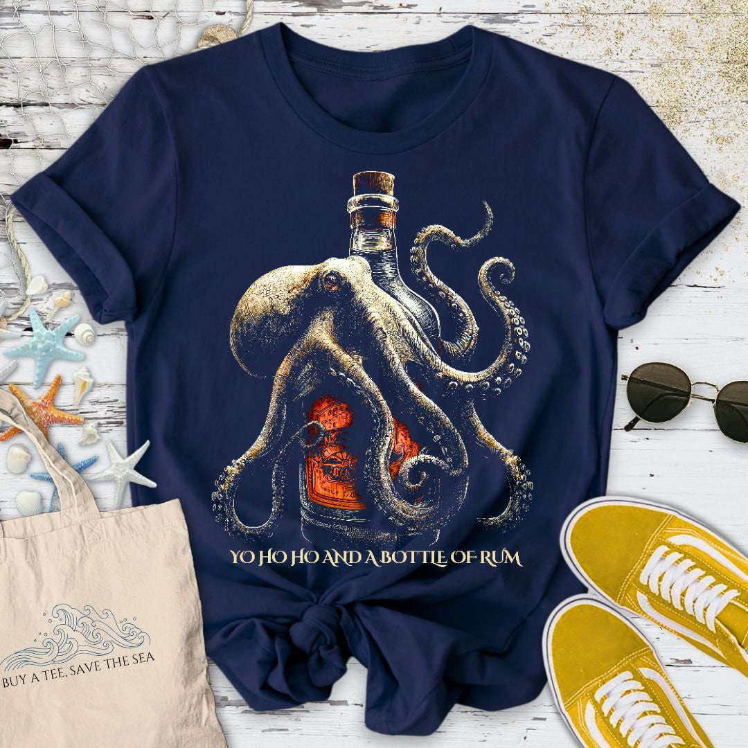Octopus & A Bottle Of Rum T-Shirt - Ocean Graphic Tee - Gift for Ocean Lovers - Unisex