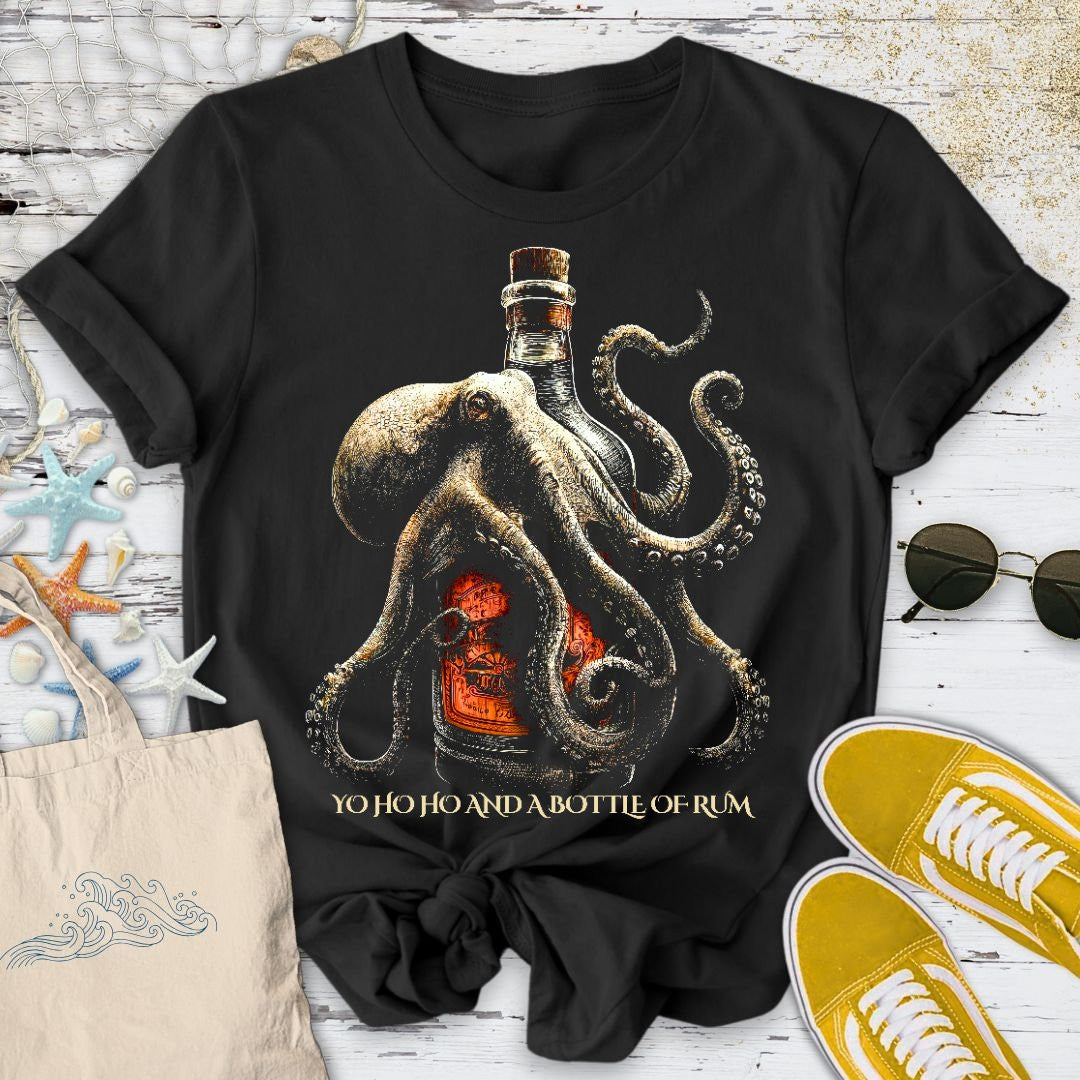 Octopus & A Bottle Of Rum T-Shirt - Ocean Graphic Tee - Gift for Ocean Lovers - Unisex