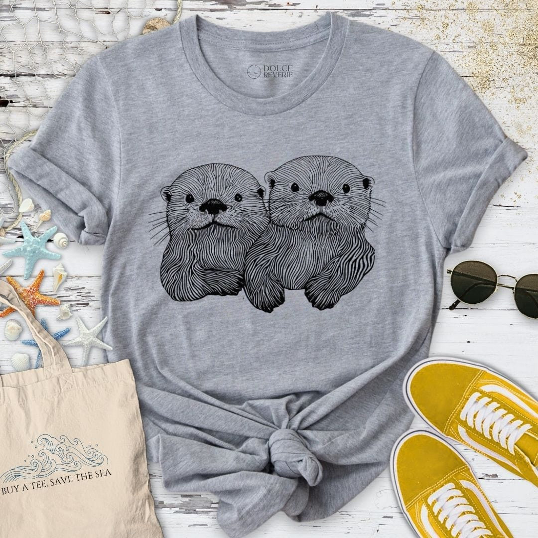 Happy Otters Line Art T-Shirt - Ocean Graphic Tee - Gift for Ocean Lovers - Unisex