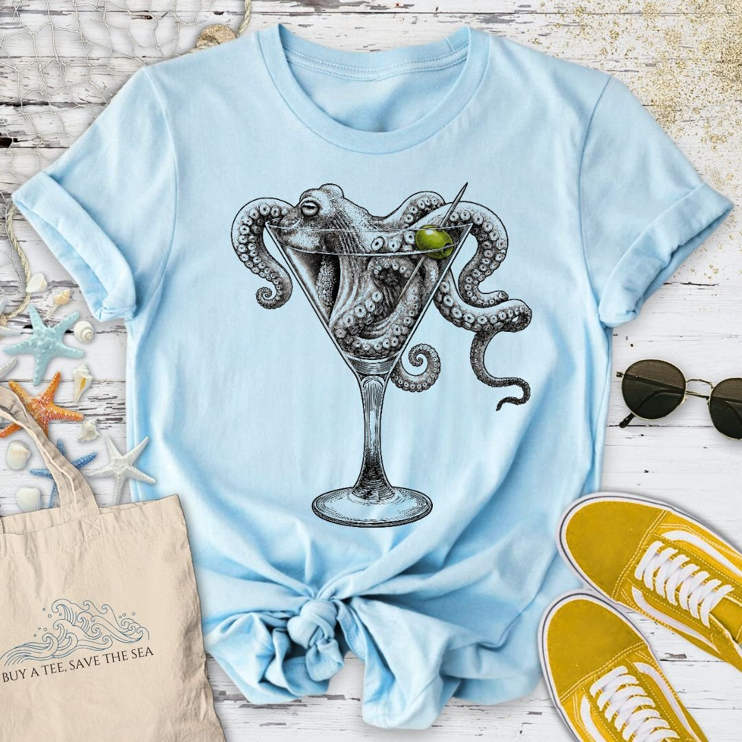 Octopus Martini T-Shirt - Ocean Graphic Tee - Gift for Ocean Lovers - Unisex