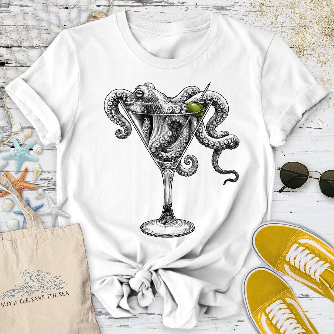 Octopus Martini T-Shirt - Ocean Graphic Tee - Gift for Ocean Lovers - Unisex