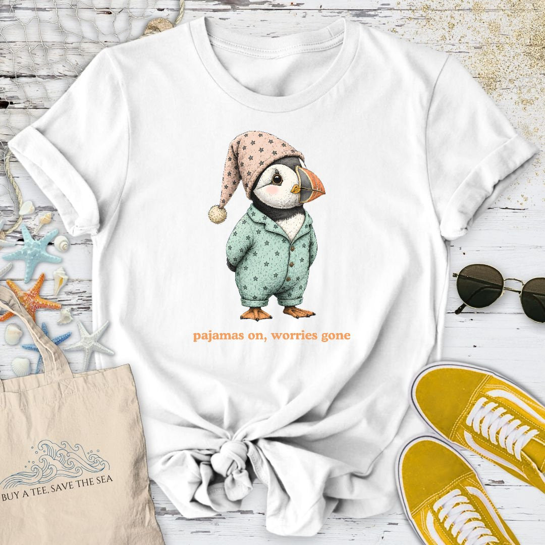 Pajamas On Worries Gone, Puffin T-Shirt - Ocean Graphic Tee - Gift for Ocean Lovers - Unisex