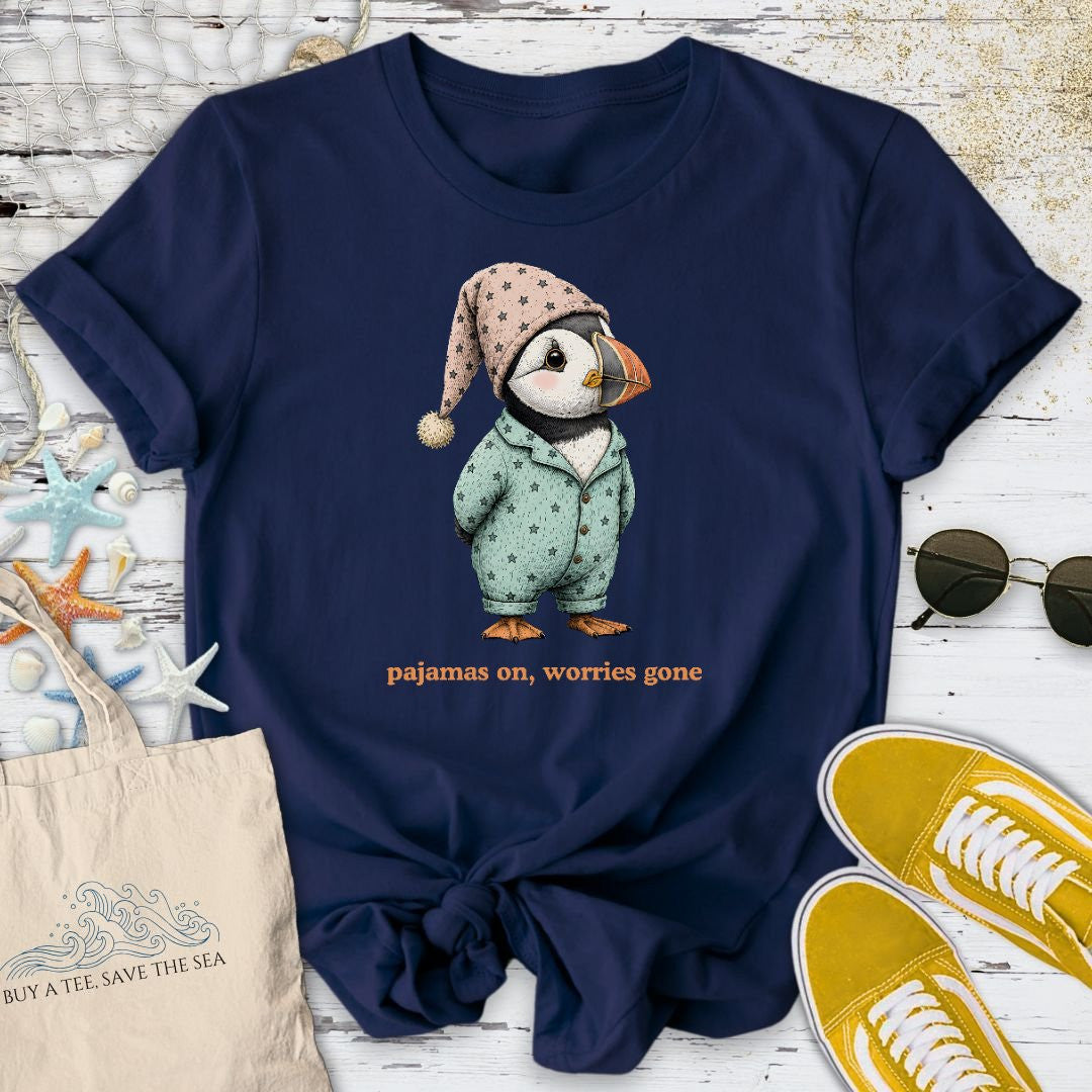 Pajamas On Worries Gone, Puffin T-Shirt - Ocean Graphic Tee - Gift for Ocean Lovers - Unisex