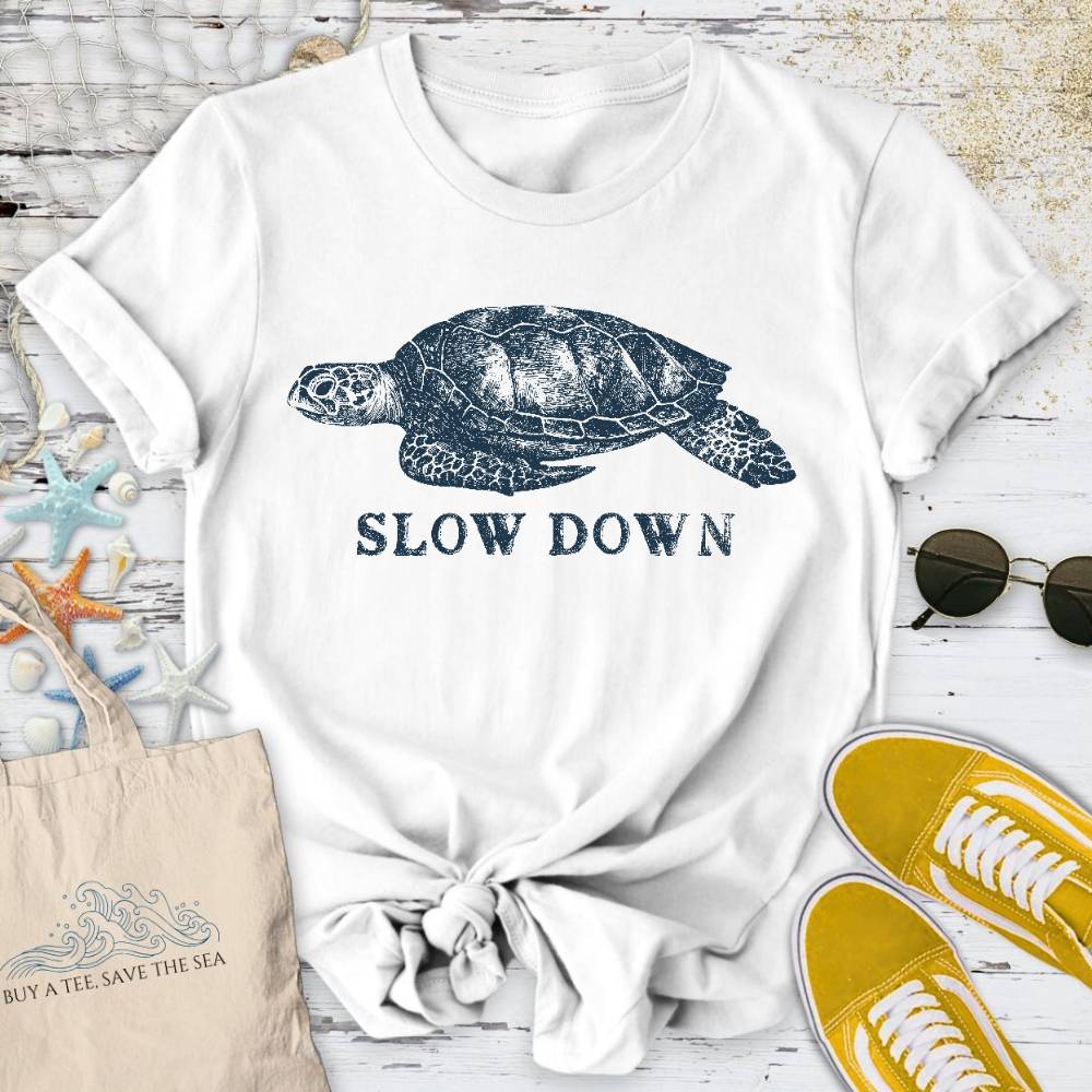Slow Down Turtle T-Shirt - Ocean Graphic Tee - Gift for Ocean Lovers - Unisex