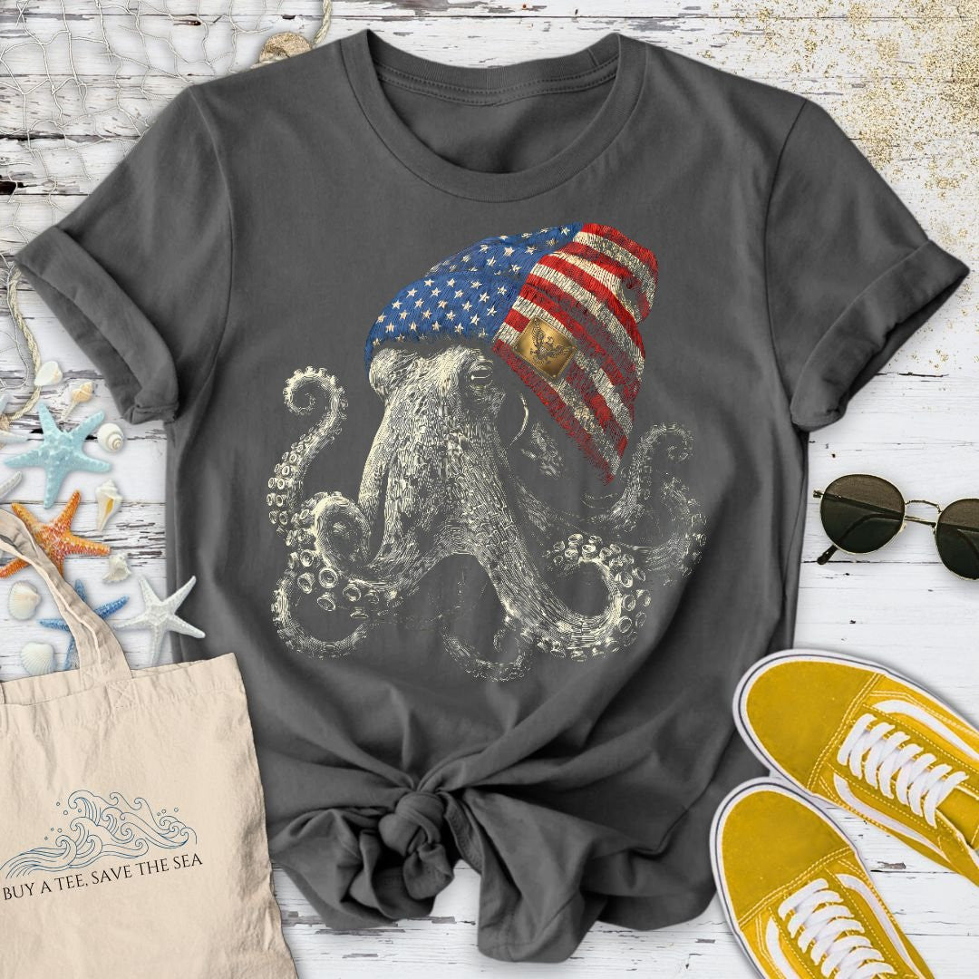 Winter Octopus USA T-Shirt - Ocean Graphic Tee - Gift for Ocean Lovers - Unisex