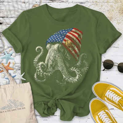 Winter Octopus USA T-Shirt - Ocean Graphic Tee - Gift for Ocean Lovers - Unisex