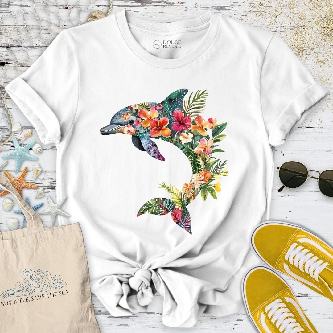 Floral Dolphin T-Shirt - Ocean Graphic Tee - Gift for Ocean Lovers - Unisex