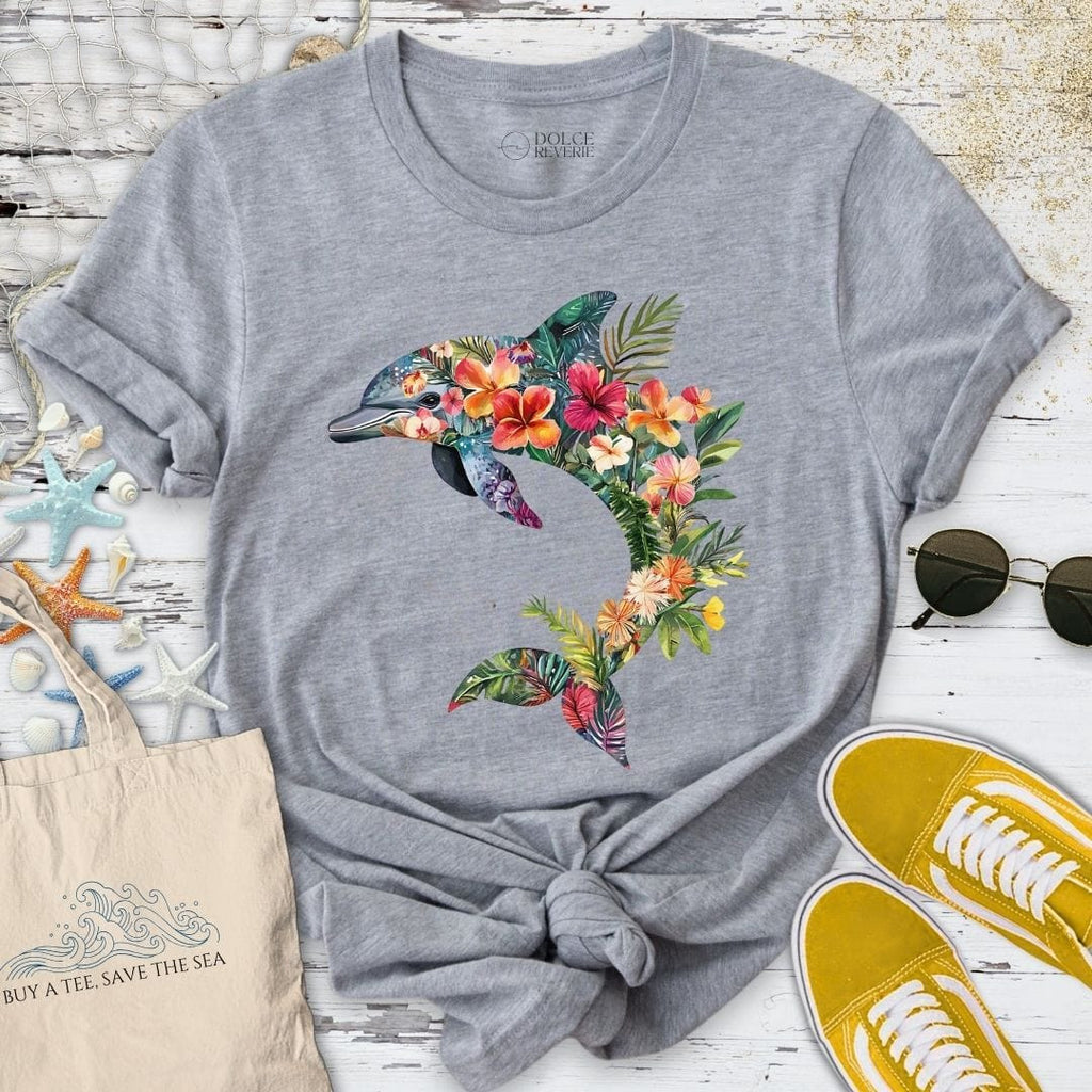 Floral Dolphin T-Shirt - Ocean Graphic Tee - Gift for Ocean Lovers - Unisex