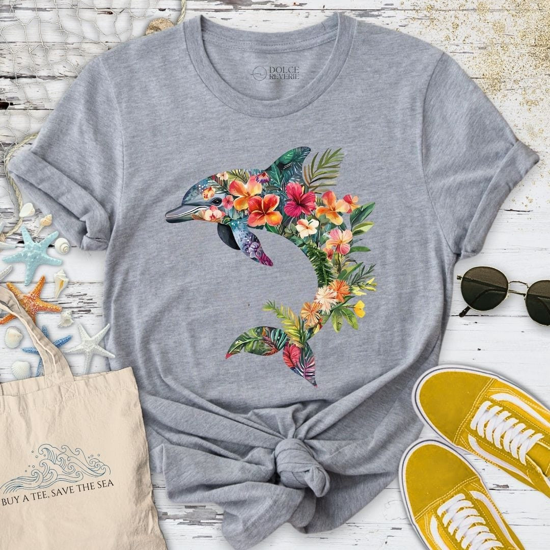 Floral Dolphin T-Shirt - Ocean Graphic Tee - Gift for Ocean Lovers - Unisex