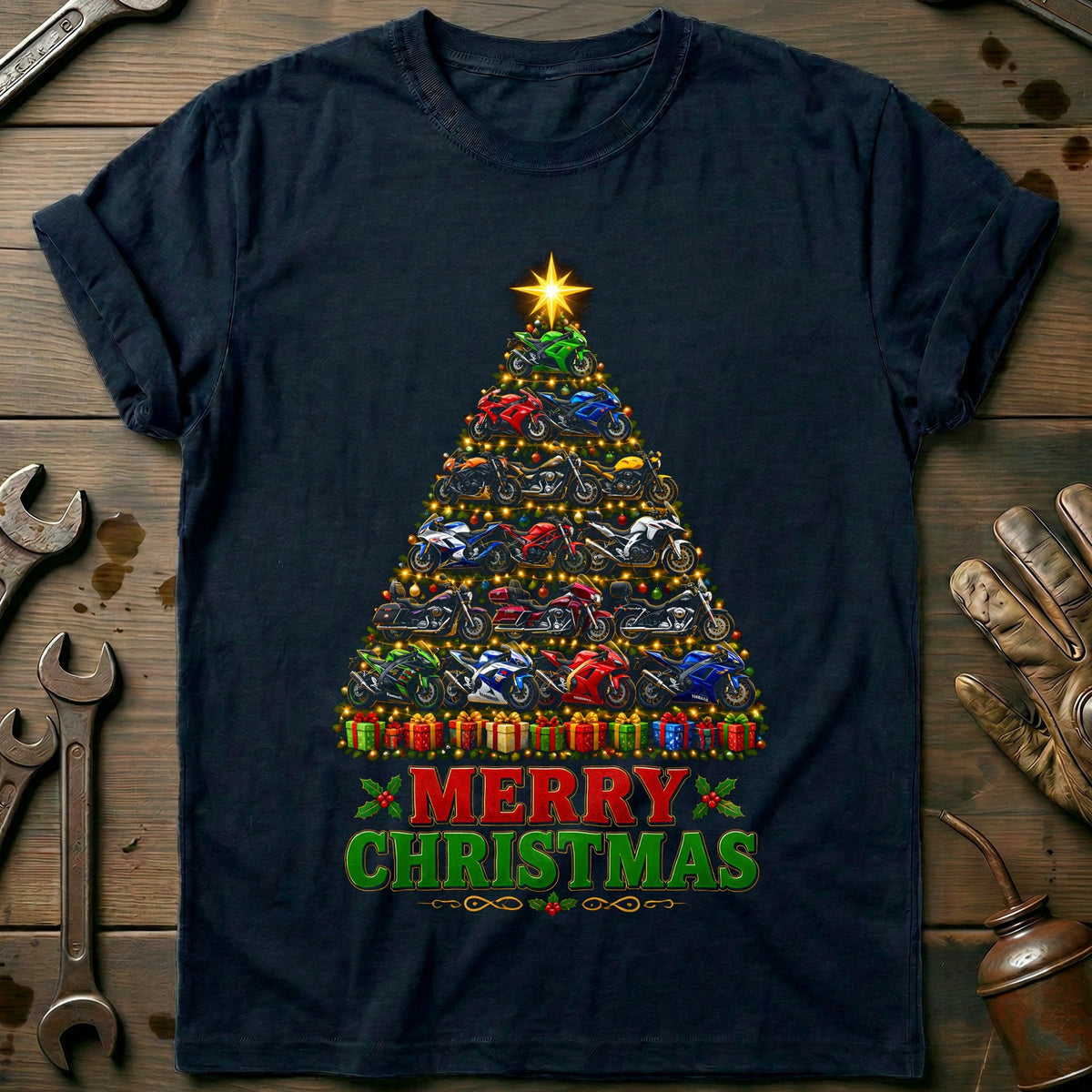 Merry Christmas Sportbike Tree Motorcycle T-Shirt EU Gift For Biker