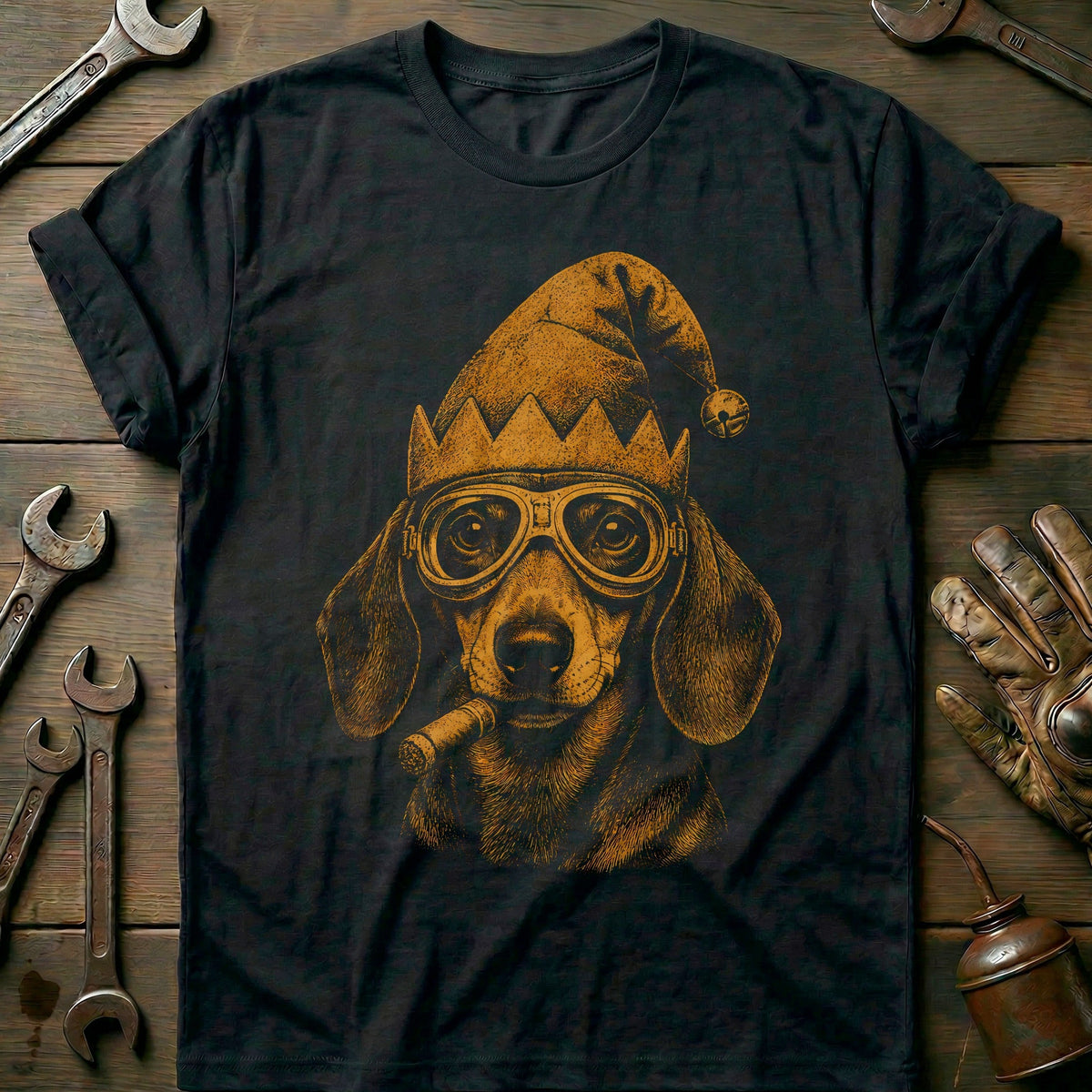 Christmas Elf Dachshund Goggles Motorcycle T-Shirt EU Gift For Biker