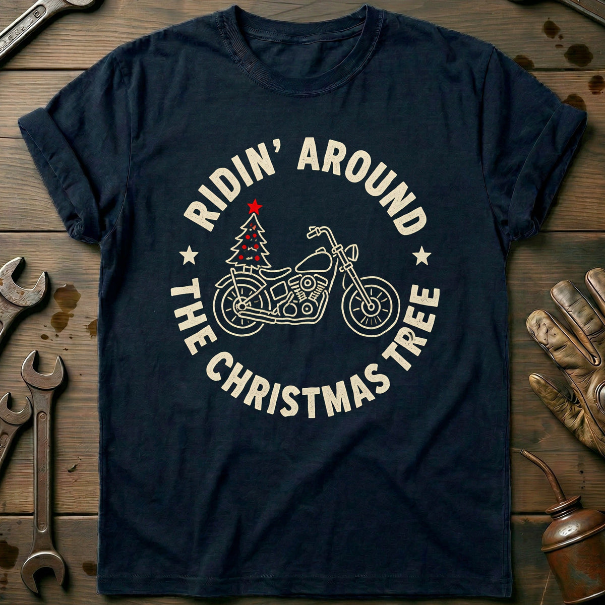 Ridin' Around the Christmas Tree Motorcycle T-Shirt EU Gift For Biker