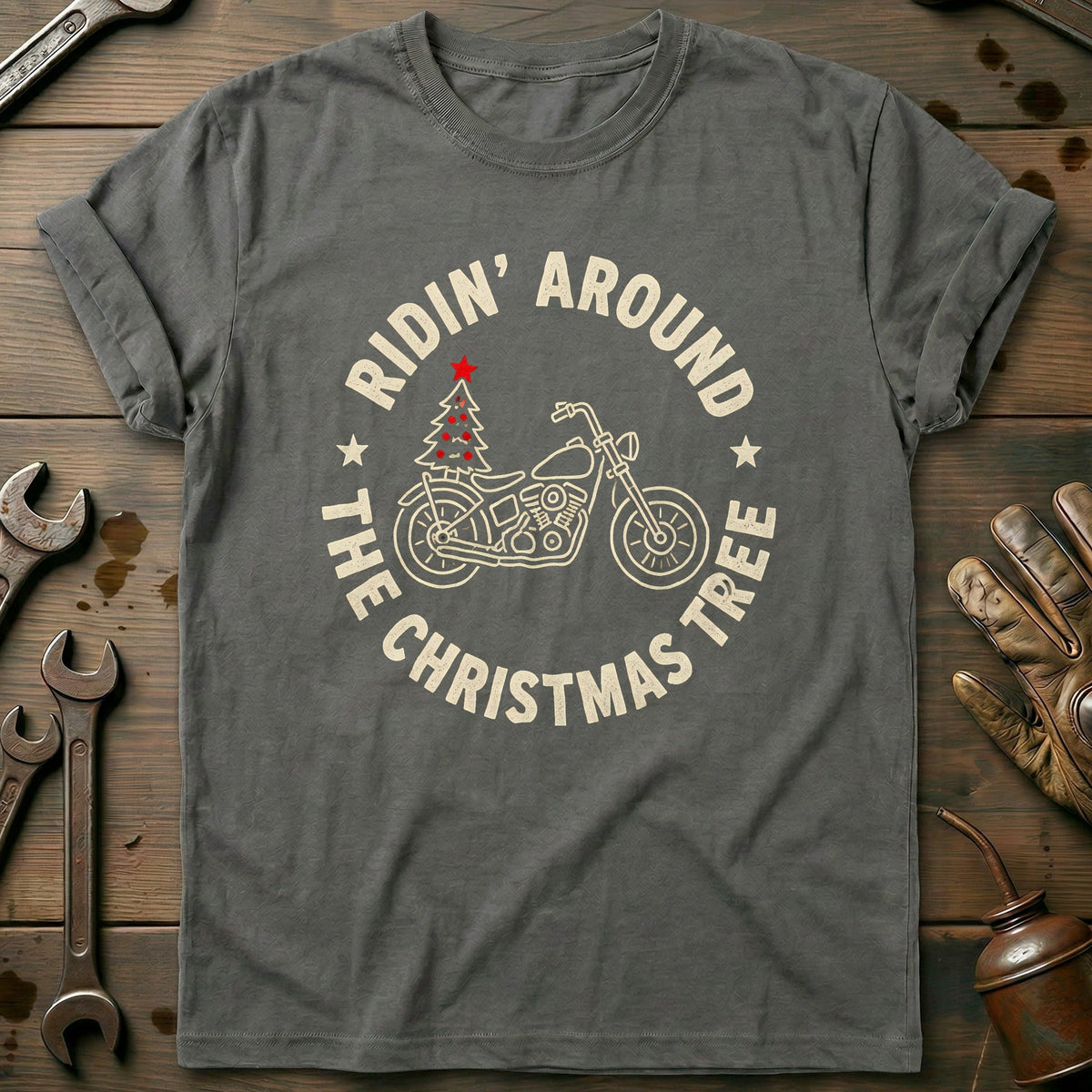 Ridin' Around the Christmas Tree Motorcycle T-Shirt EU Gift For Biker