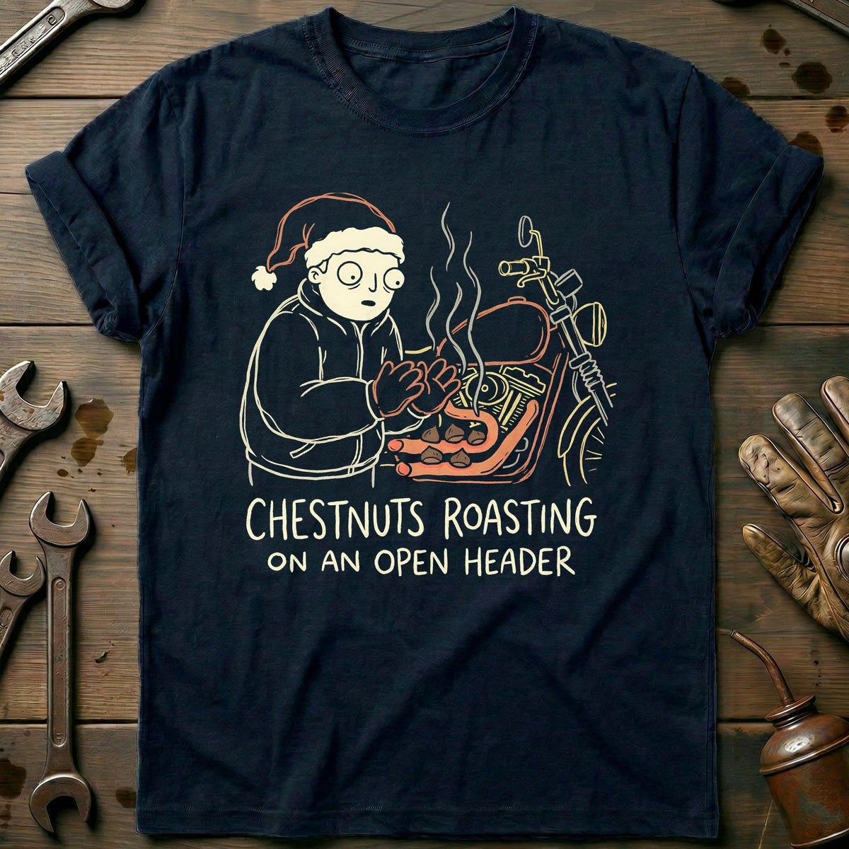 Chestnuts Roasting on an Open Header Motorcycle T-Shirt EU Gift For Biker
