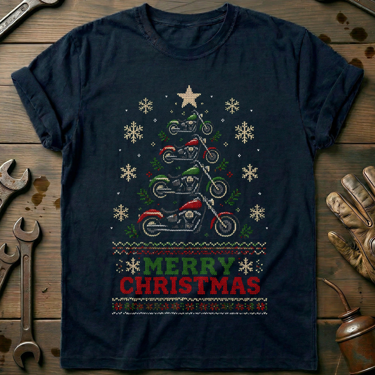 Merry Christmas Motorcycle Tree Sweater T-Shirt EU Gift For Biker
