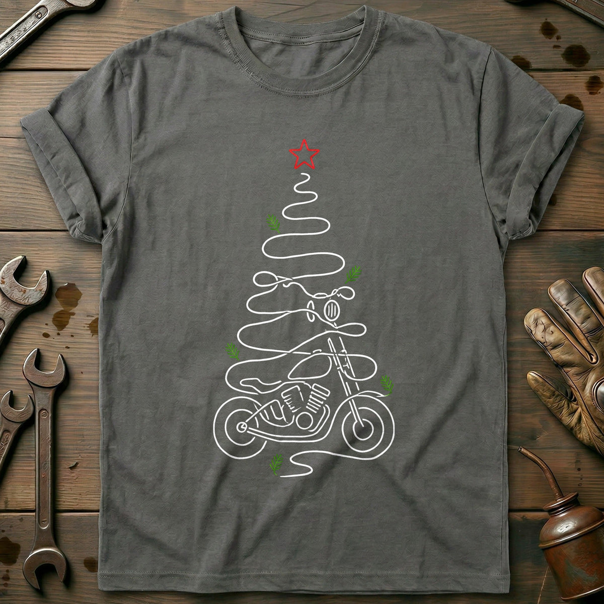 Line Art Motorcycle Christmas Tree T-Shirt EU Gift For Biker