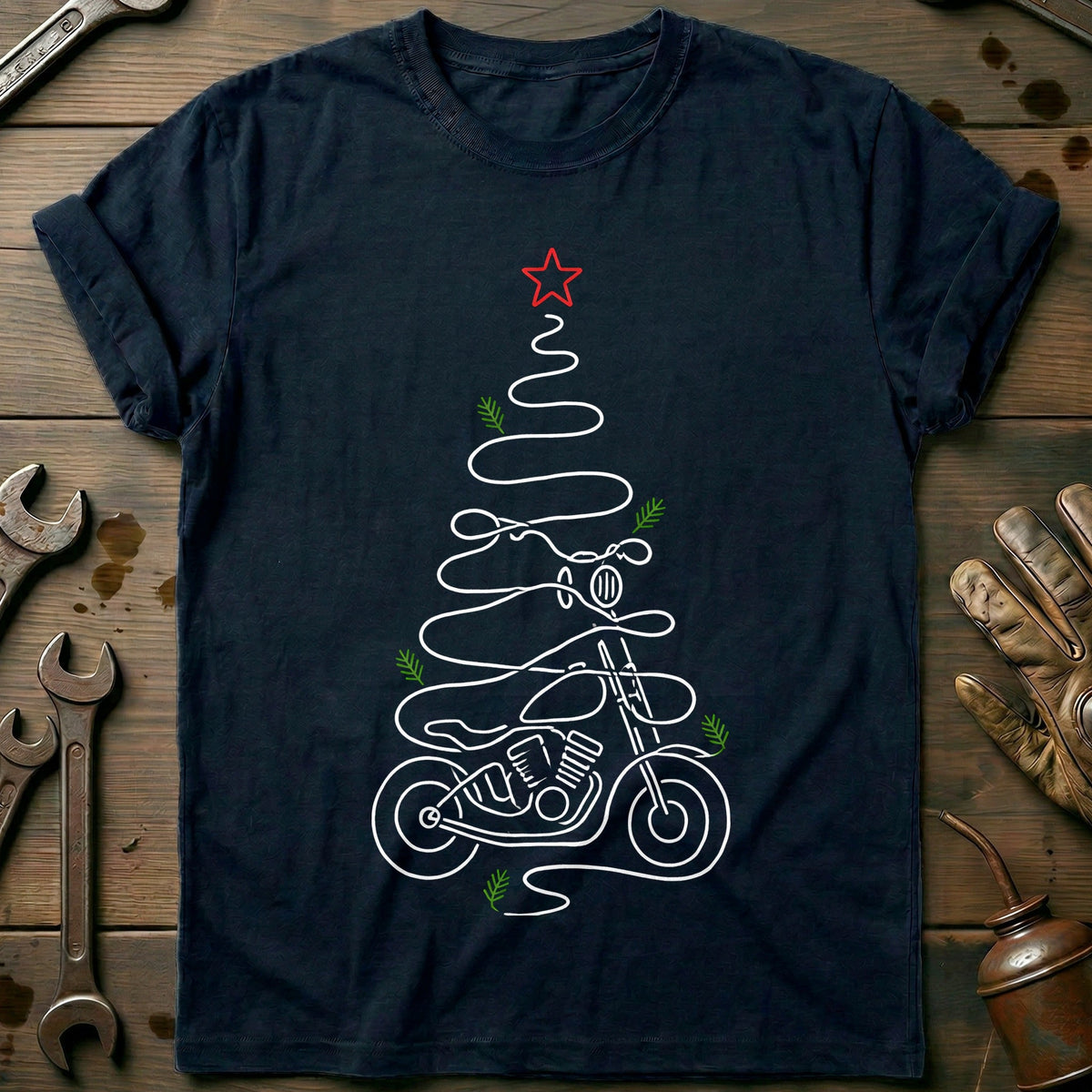 Line Art Motorcycle Christmas Tree T-Shirt EU Gift For Biker