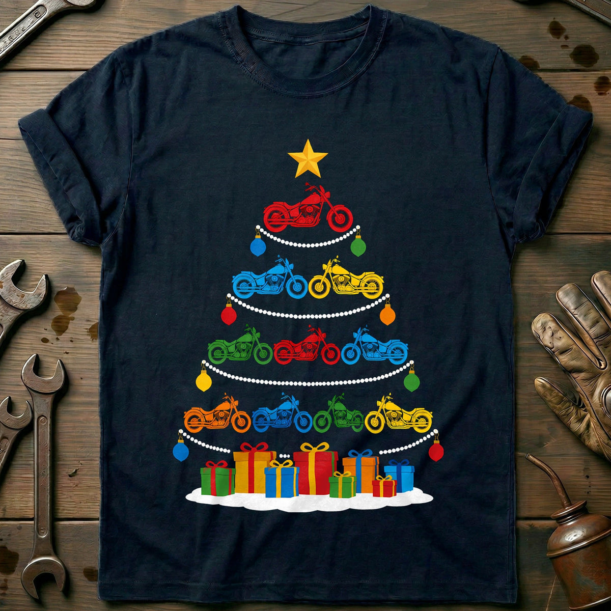 Colourful Motorcycle Christmas Tree T-Shirt EU Gift For Biker