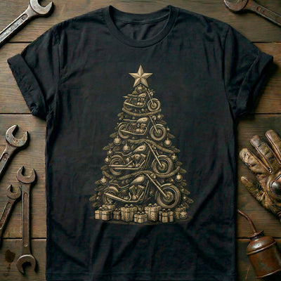 Woodcut Motorcycle Christmas Tree T-Shirt EU Gift For Biker