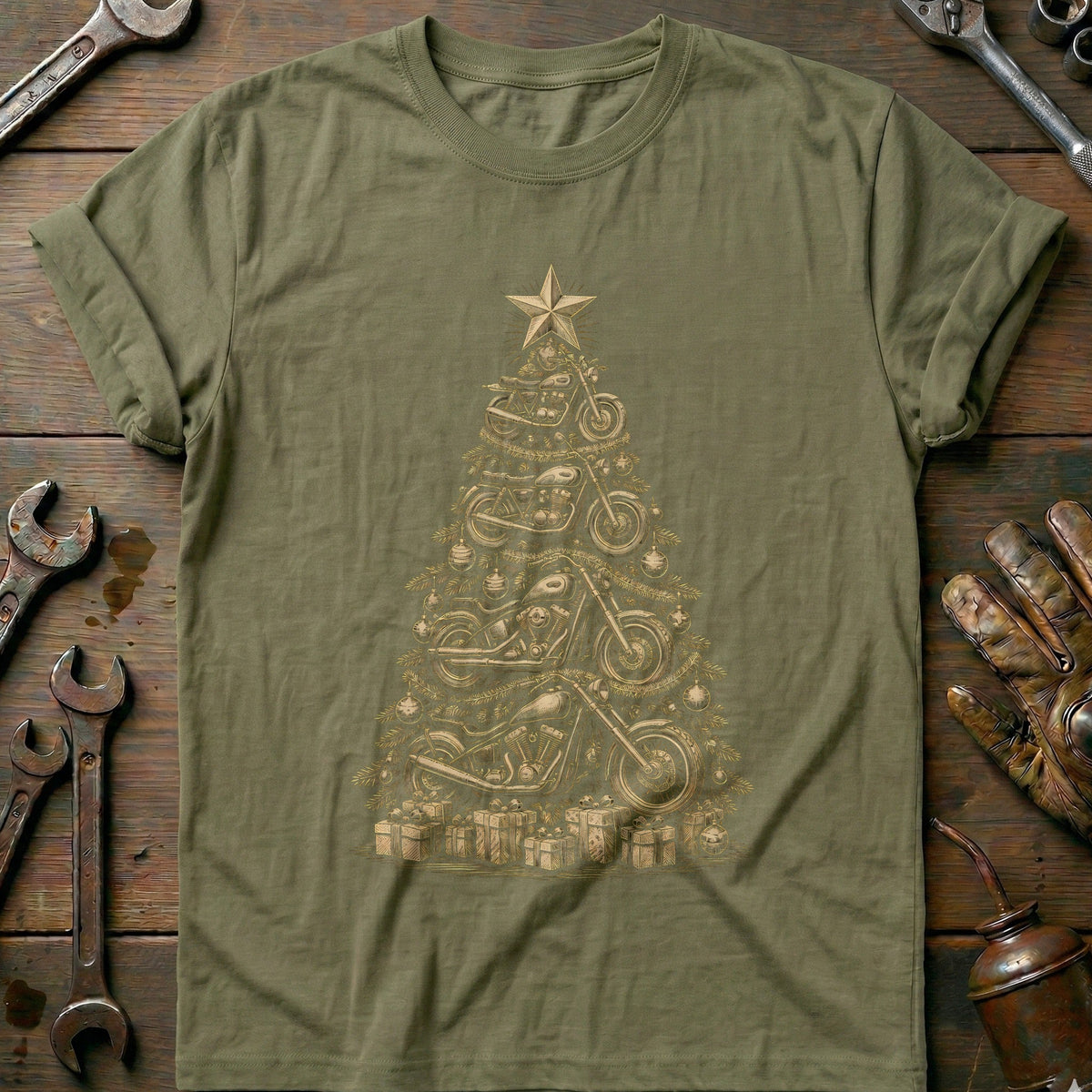 Woodcut Motorcycle Christmas Tree T-Shirt EU Gift For Biker