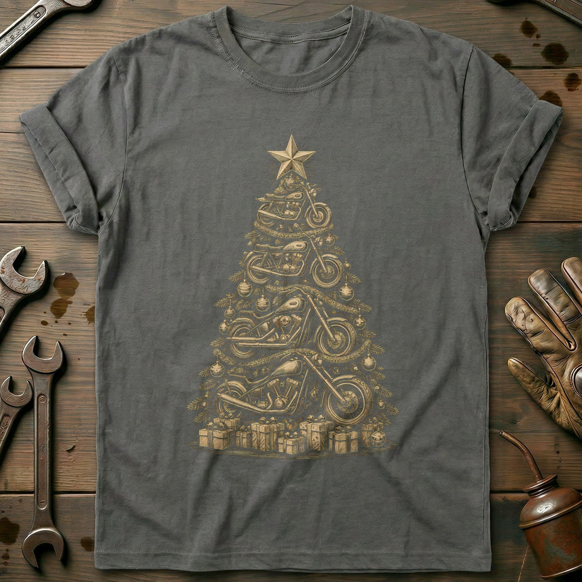 Woodcut Motorcycle Christmas Tree T-Shirt EU Gift For Biker