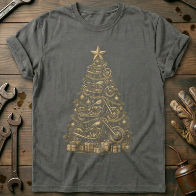 Woodcut Motorcycle Christmas Tree T-Shirt EU Gift For Biker