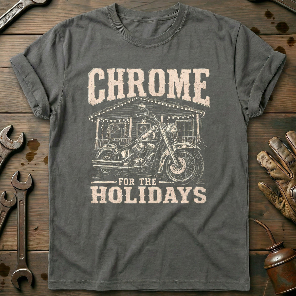 Chrome for the Holidays Motorcycle T-Shirt GC Gift For Biker