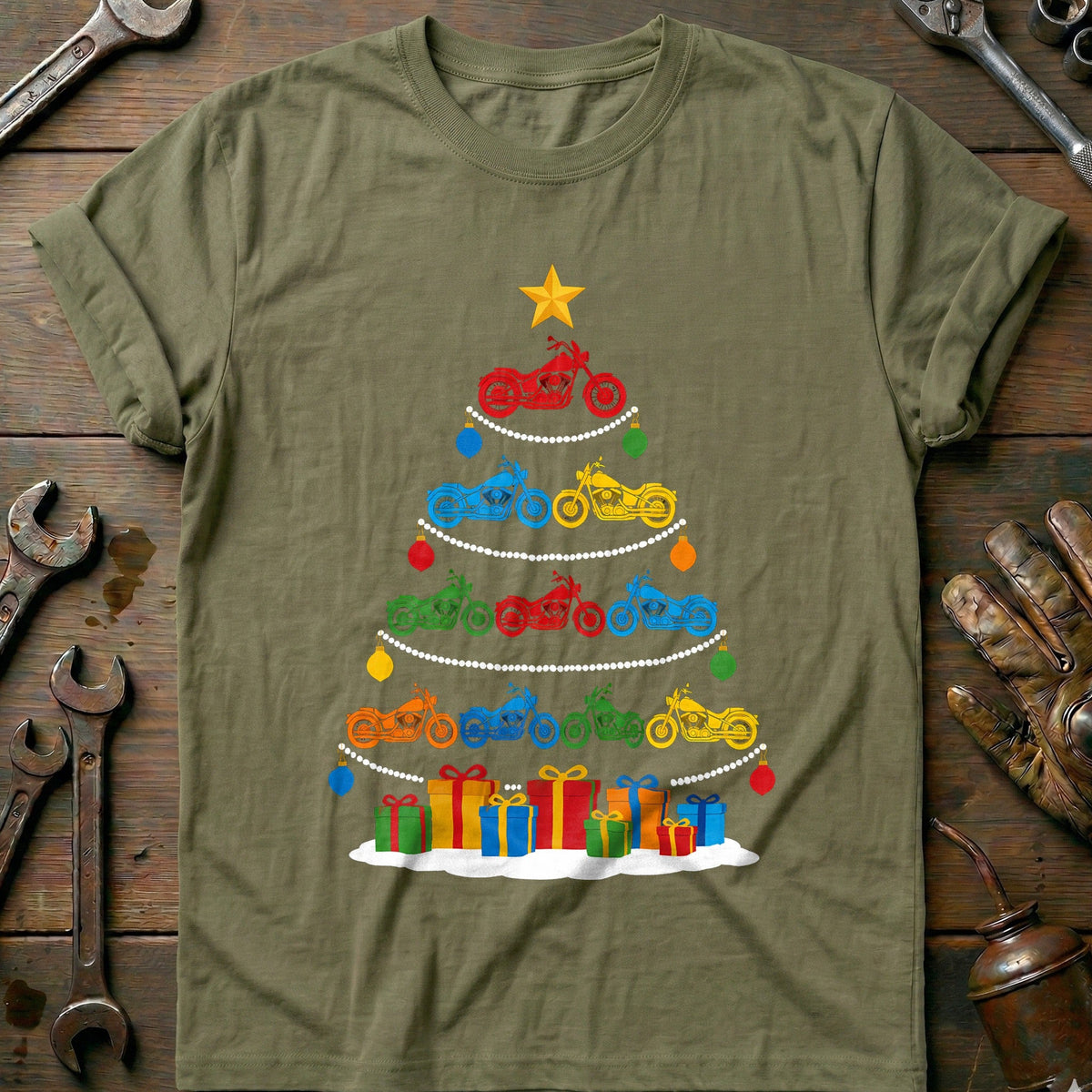 Colourful Motorcycle Christmas Tree T-Shirt GC Gift For Biker