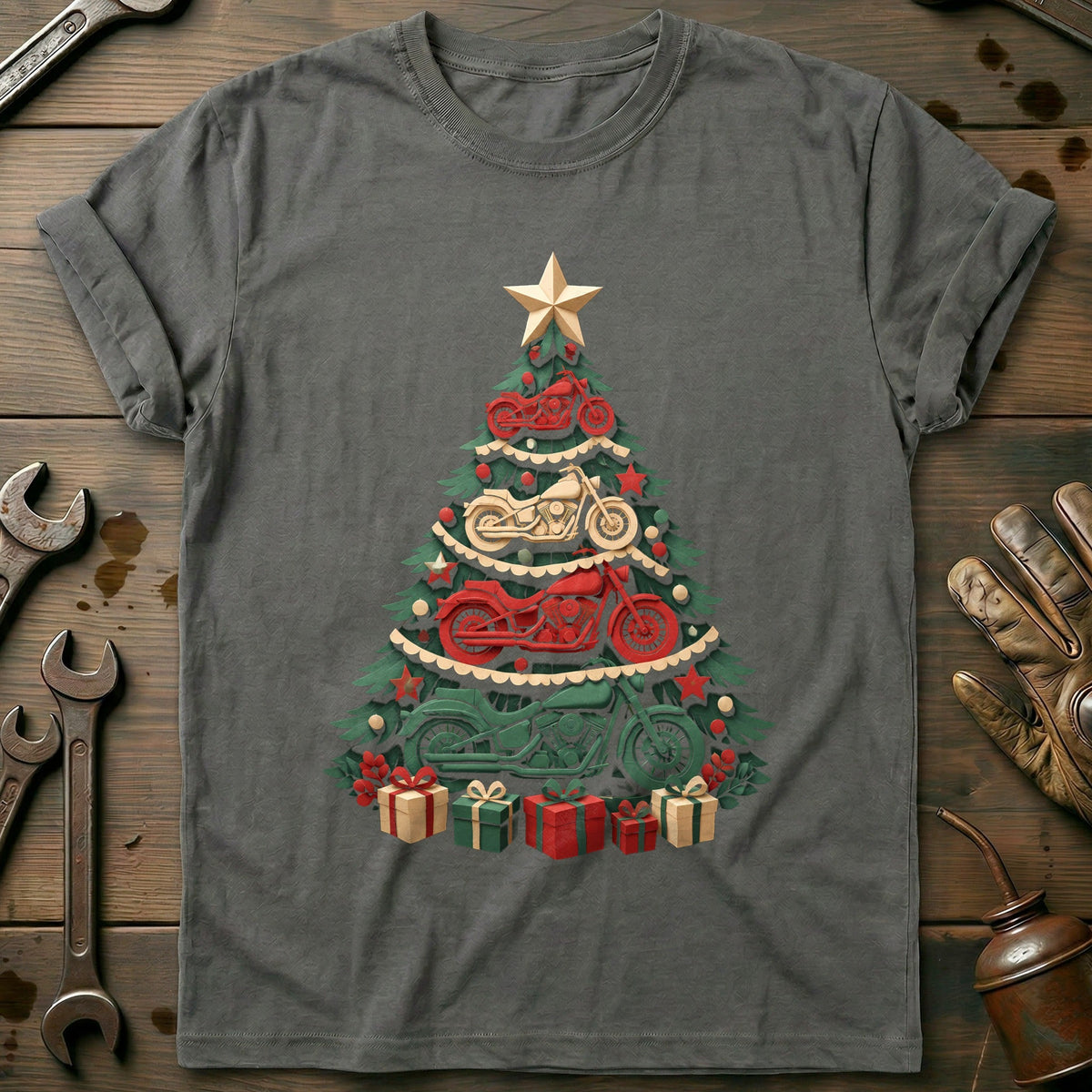 Papercut Motorcycle Christmas Tree T-Shirt GC Gift For Biker