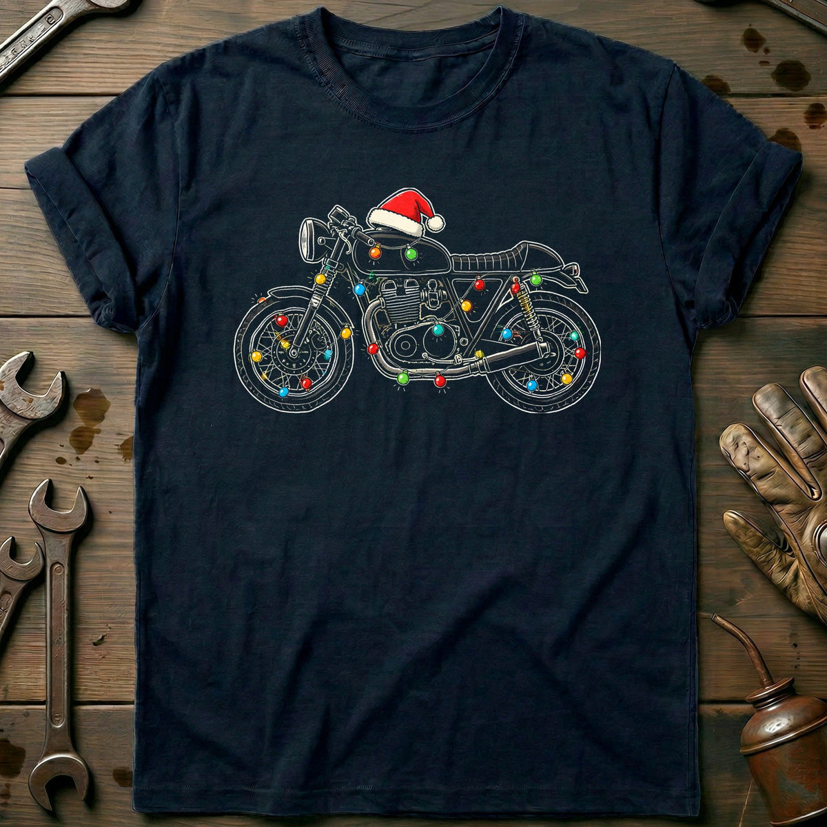 Cafe Racer Christmas Lights Motorcycle T-Shirt GC Gift For Biker