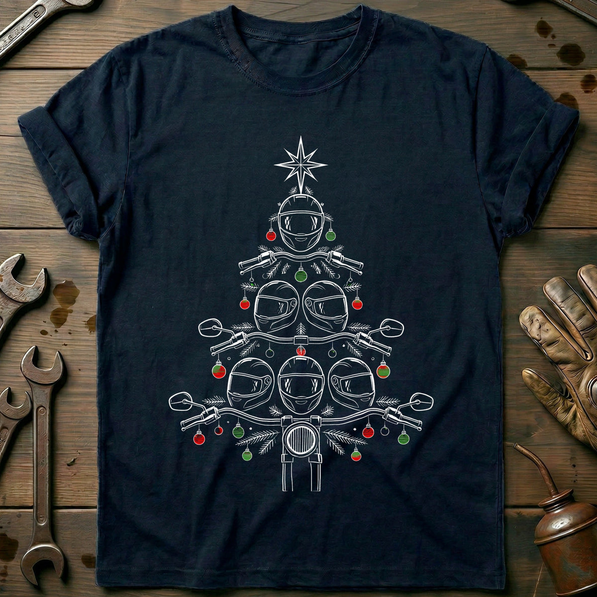 Helmets and Bars Christmas Tree Motorcycle T-Shirt GC Gift For Biker